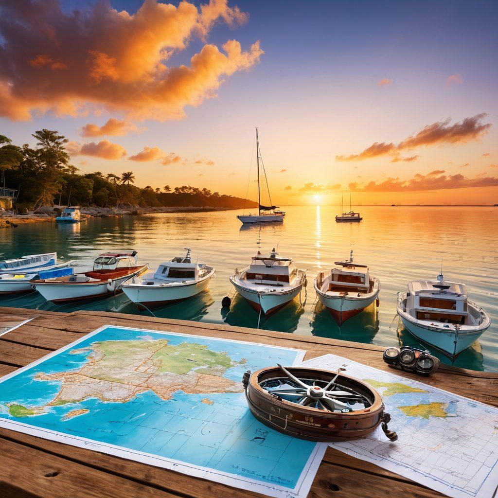 An inviting coastal scene featuring a diverse range of boats anchored in clear blue waters, with a radiant sunset in the background. Include elements like a compass, nautical charts, and safety gear spread out on a wooden table in the foreground. Showcase a diverse group of people engaged in discussing marine insurance options, with a sense of camaraderie and trust. Lively colors that evoke warmth and adventure. super-realistic. vibrant colors. 3D.